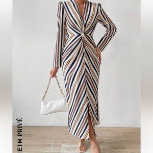 SHEIN Privé Women's Striped V-neck Waist Belt Long Sleeve Dress
